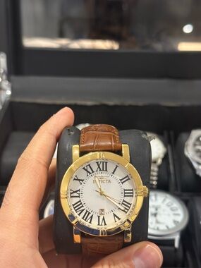 Invicta Gold and White Roman Numeral Dress Watch with Brown Leather Strap